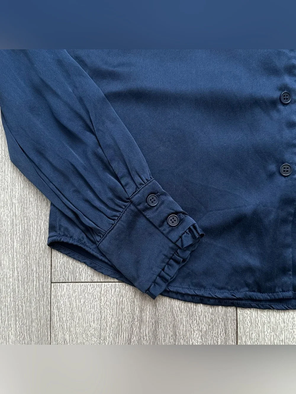 Reformation Navy Blue Silk Ruffle Mock Neck Blouse Puff Sleeve Top XS